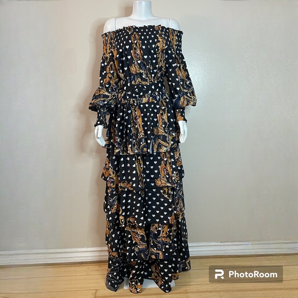 Black heart print off the shoulder multi tiered long sleeve belted maxi dress